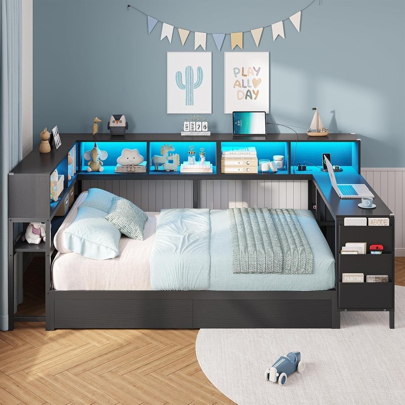 Twin Corner Bed Frame Daybed with Desk,Bookcase Storage,Charging Station, gallery
