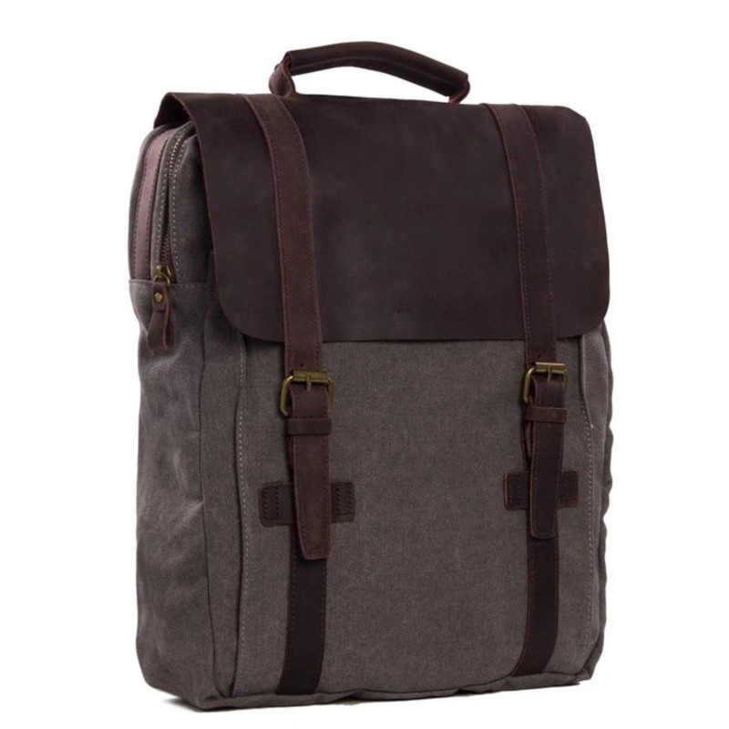 Waxed Canvas and Leather Double strap Backpack - Dark Grey 2