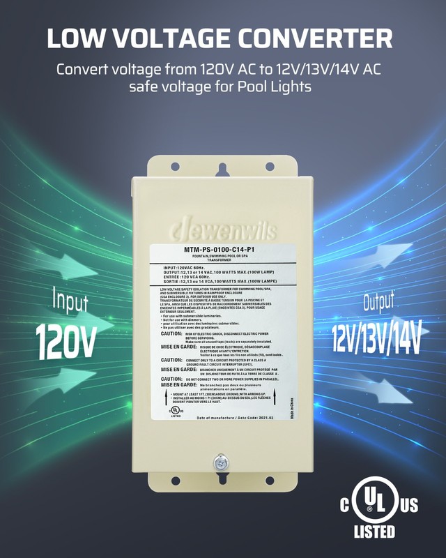 DEWENWILS 100W Pool Light Transformer 12V/13V/14V AC, UL Listed, Multi-tap gallery