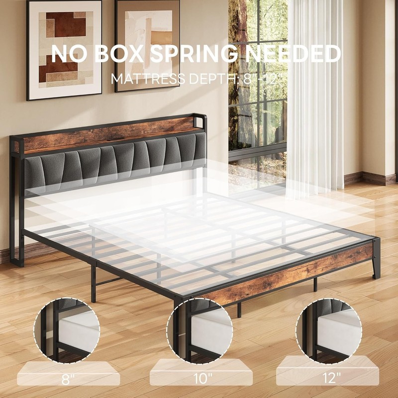 King Size Bed Frame, Storage Headboard with Charging Station, Solid and Stabl... gallery