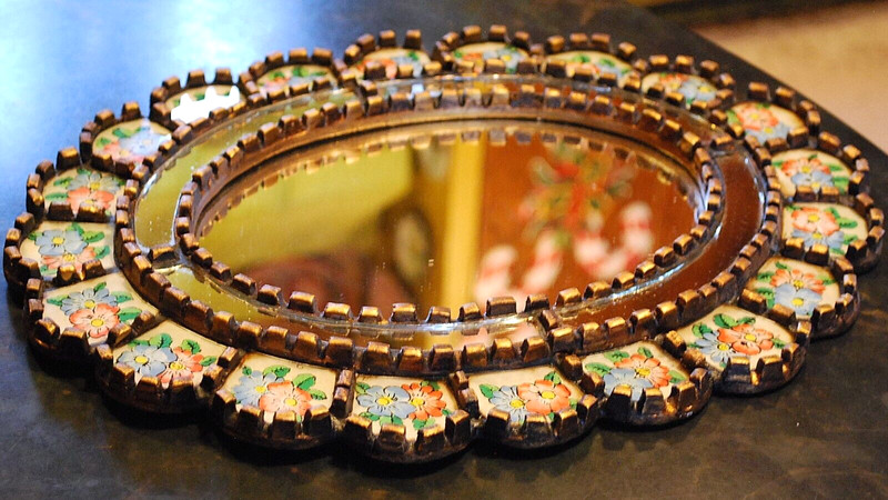 Vtg PERUVIAN CUZCAJA Wall Mirror REVERSE PAINTED FLORAL GLASS Gold Gilt Wood 15" gallery