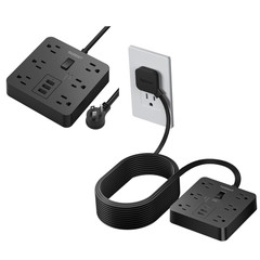 Flat Plug Power Strip with 6 Outlet Long Extension Cord USB Port Surge Protector