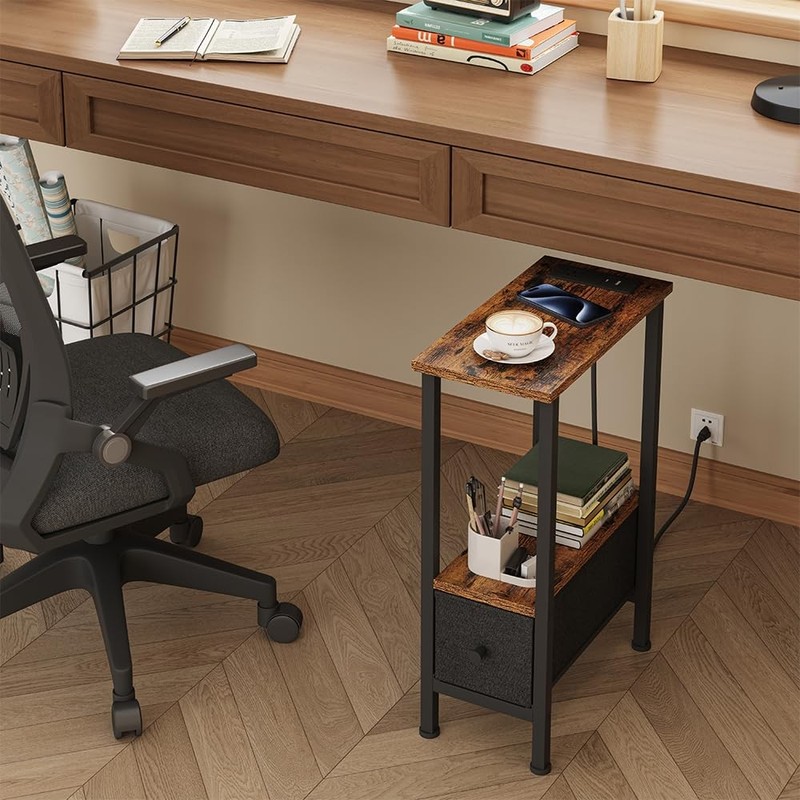 Rustic Brown Narrow Side Table Charging Station USB Ports Outlet 1 Drawer gallery