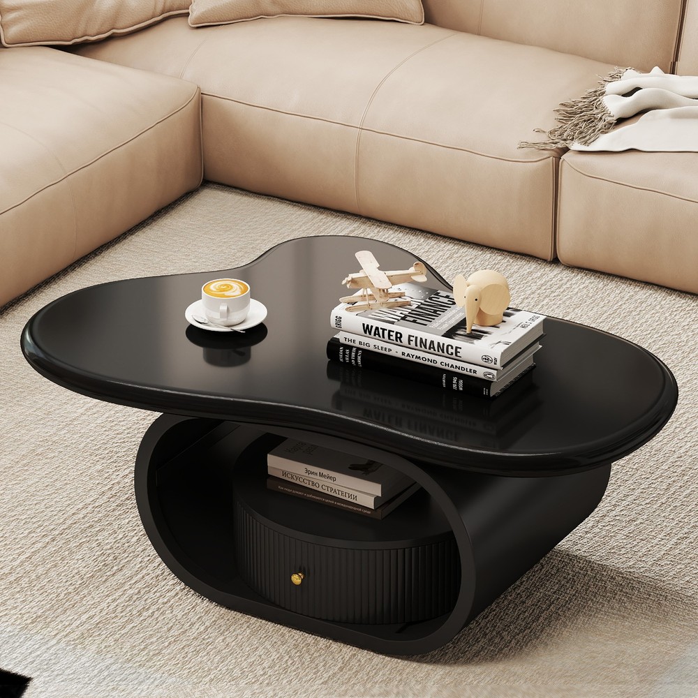 Modern Black 39" Coffee Table Cloud Center Table MDF Metal with Drawer