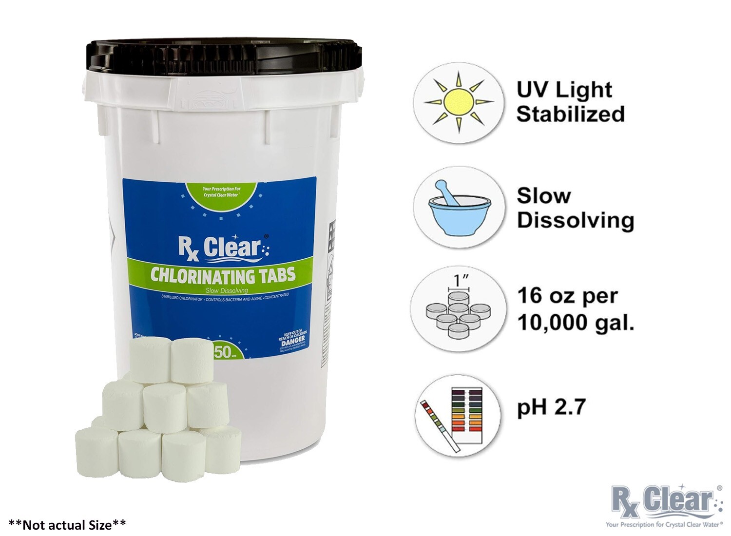 Rx Clear 1" Inch 99% Trichloro Stabilized Swimming Pool Chlorine Tablets- 50 lbs gallery