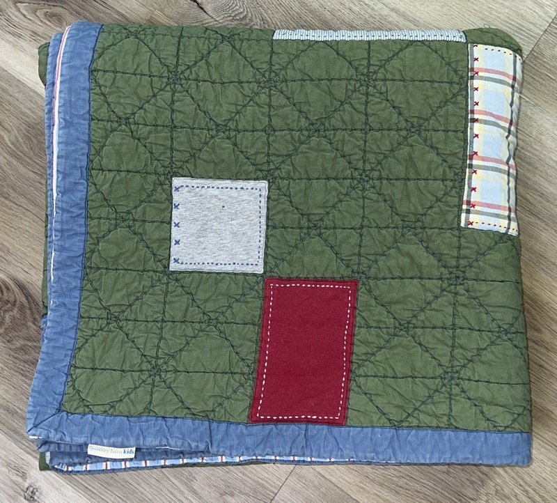 Pottery Barn Green Yellow Red Patchwork Comforter Quilt Full 82 x82” Reversible gallery