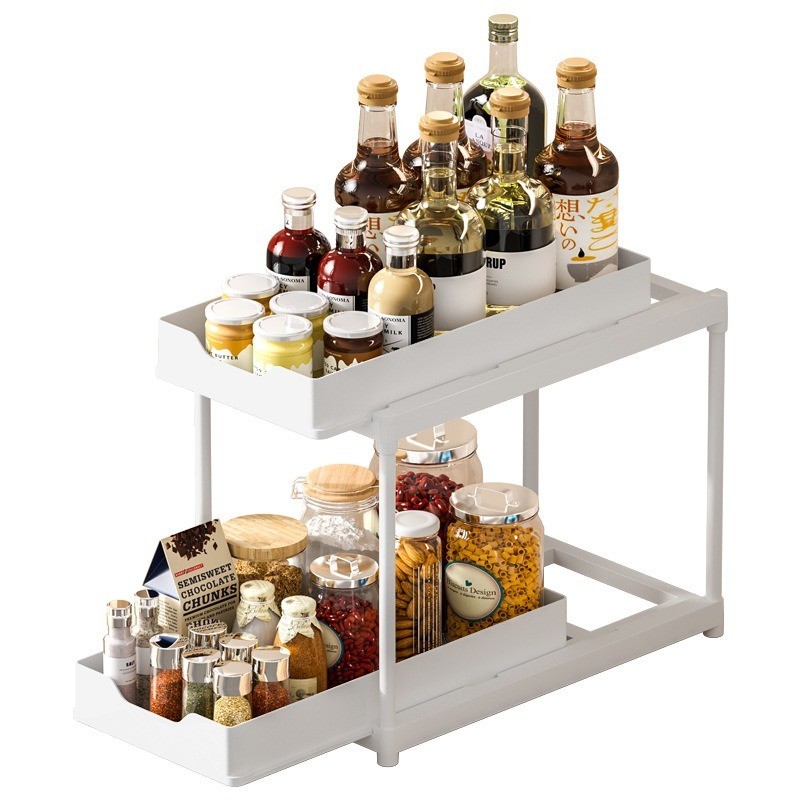 2Pcs White 2-Tier Pull Out Storage Shelf Kitchen Bathroom Counter Organizer gallery