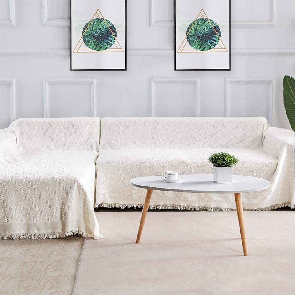 Large Beige White Sofa Cover Durable High Quality Fabric Easy Installation gallery