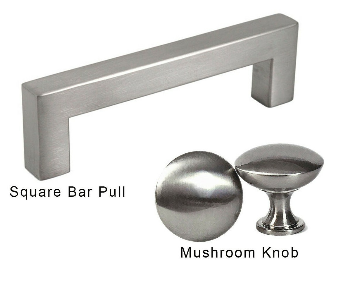 Square Bar Pull Handle or Mushroom Knob Kitchen Cabinet Hardware Brushed Nickel gallery