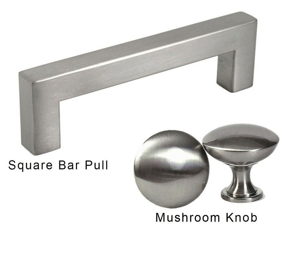 Square Bar Pull Handle or Mushroom Knob Kitchen Cabinet Hardware Brushed Nickel