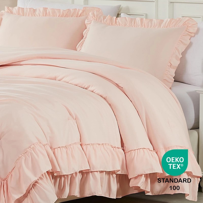 Blush Pink Comforter Set Queen, 3Pcs Comforters Queen Size Ruffle Farmhouse B... gallery