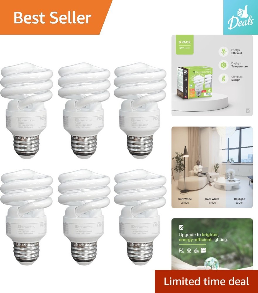 Energy-Efficient CFL Light Bulbs 23W, 100W Equivalent, Daylight White - 6 Pack