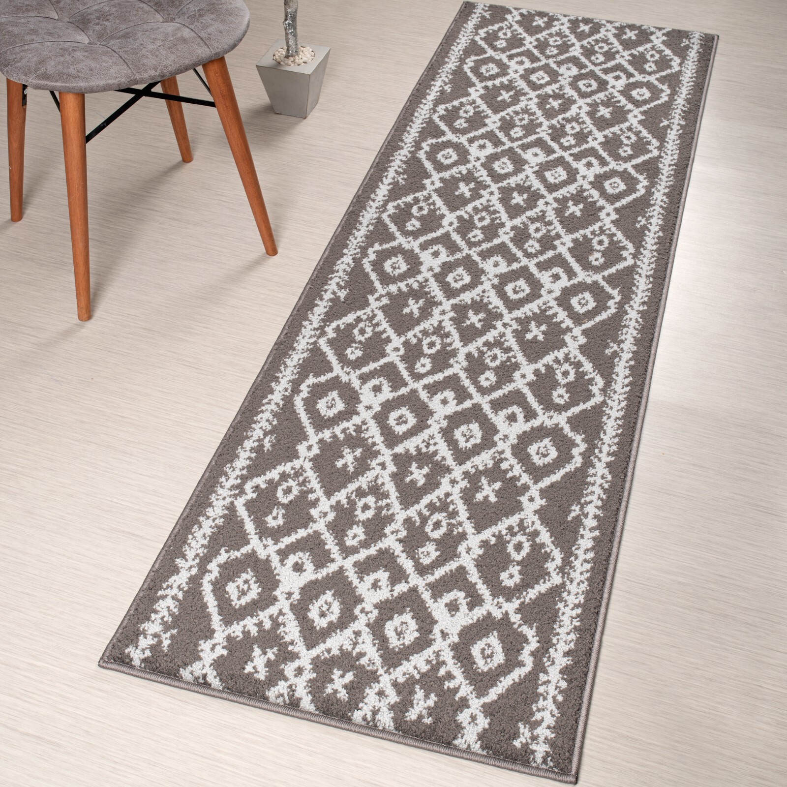 Custom Length Stair Hallway Runner Rug Non Slip Backing, Trellis Grey gallery
