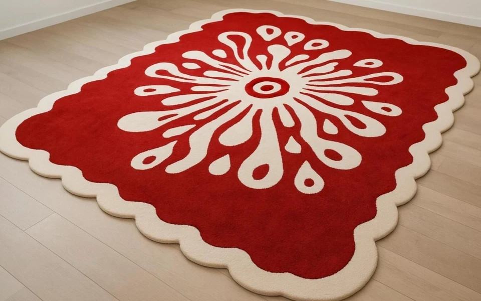 Hand-Tufted Wool Rug | Red & White Floral, Scalloped Edge gallery