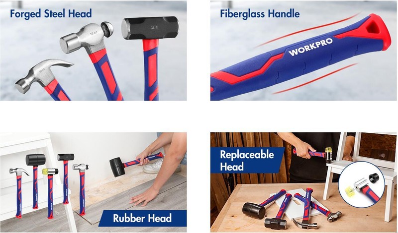 WORKPRO Hammer Set 5-PC 32oz Rubber Mallet 16oz Claw Hammer 3lb Sledge Hammer gallery