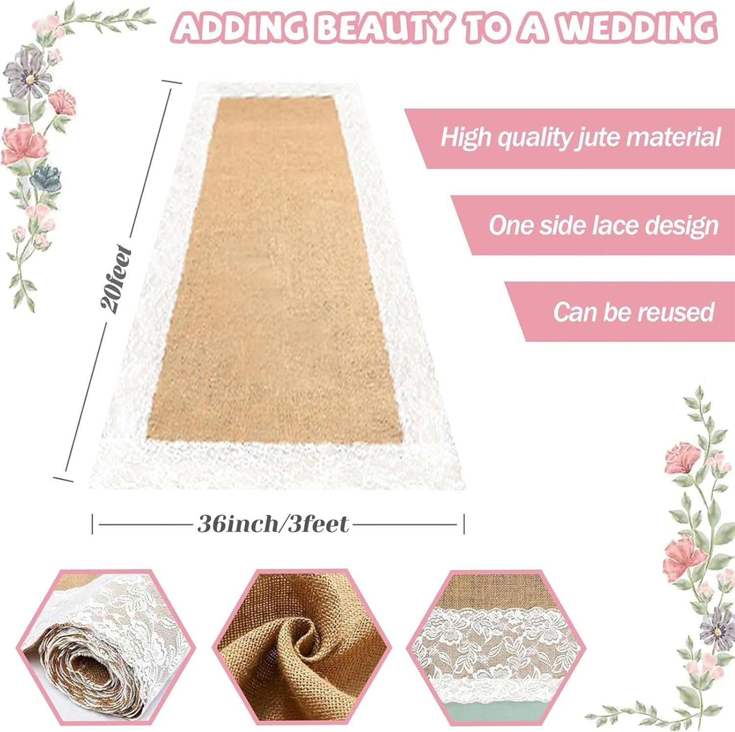 Burlap Aisle Runner for Wedding Ceremony, 36" X 20Ft Natural Burlap Wedding Aisl gallery