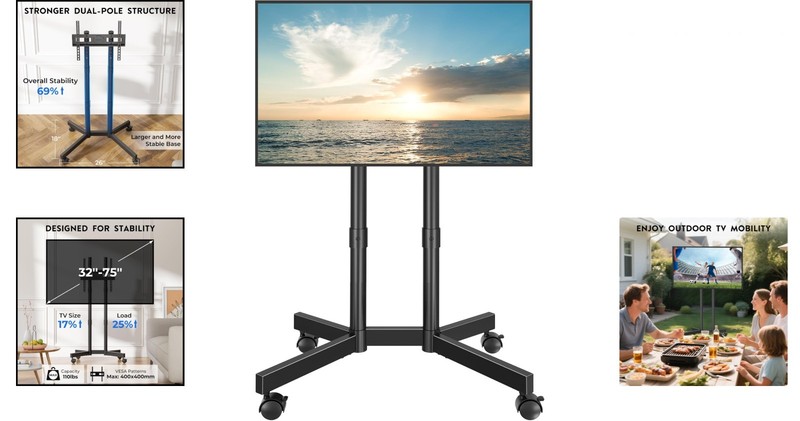 Elegant Height Adjustable Rolling TV Stand for 32-75 Inch TVs - Supports 110lbs gallery