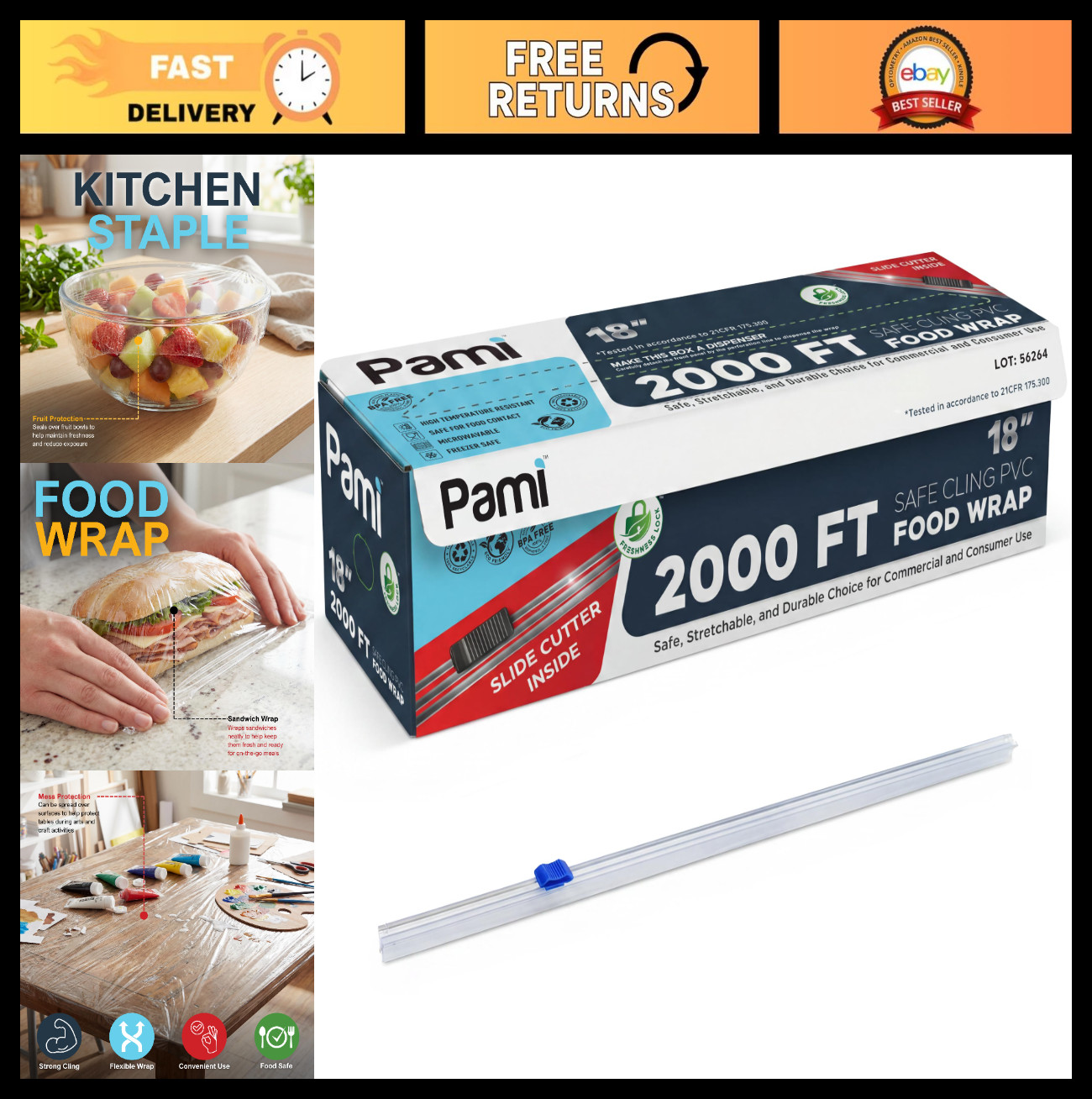 Heavy Duty 18" x 2000' PVC Cling Wrap with Slide Cutter - Food Safe Stretch Film gallery
