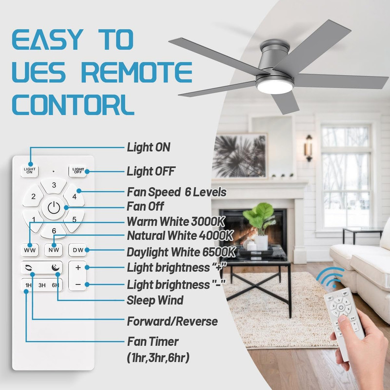 Matte Silver 52" Flush Mount Ceiling Fan with Light & Reversible DC Motor gallery