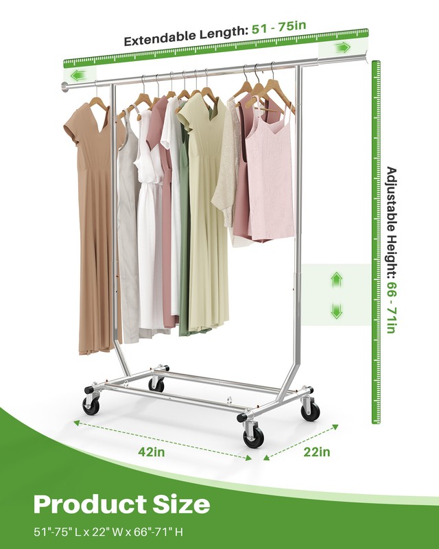 HOKEEPER Rolling Commercial Grade Clothing Garment Racks Sing Rail Adjustable US gallery