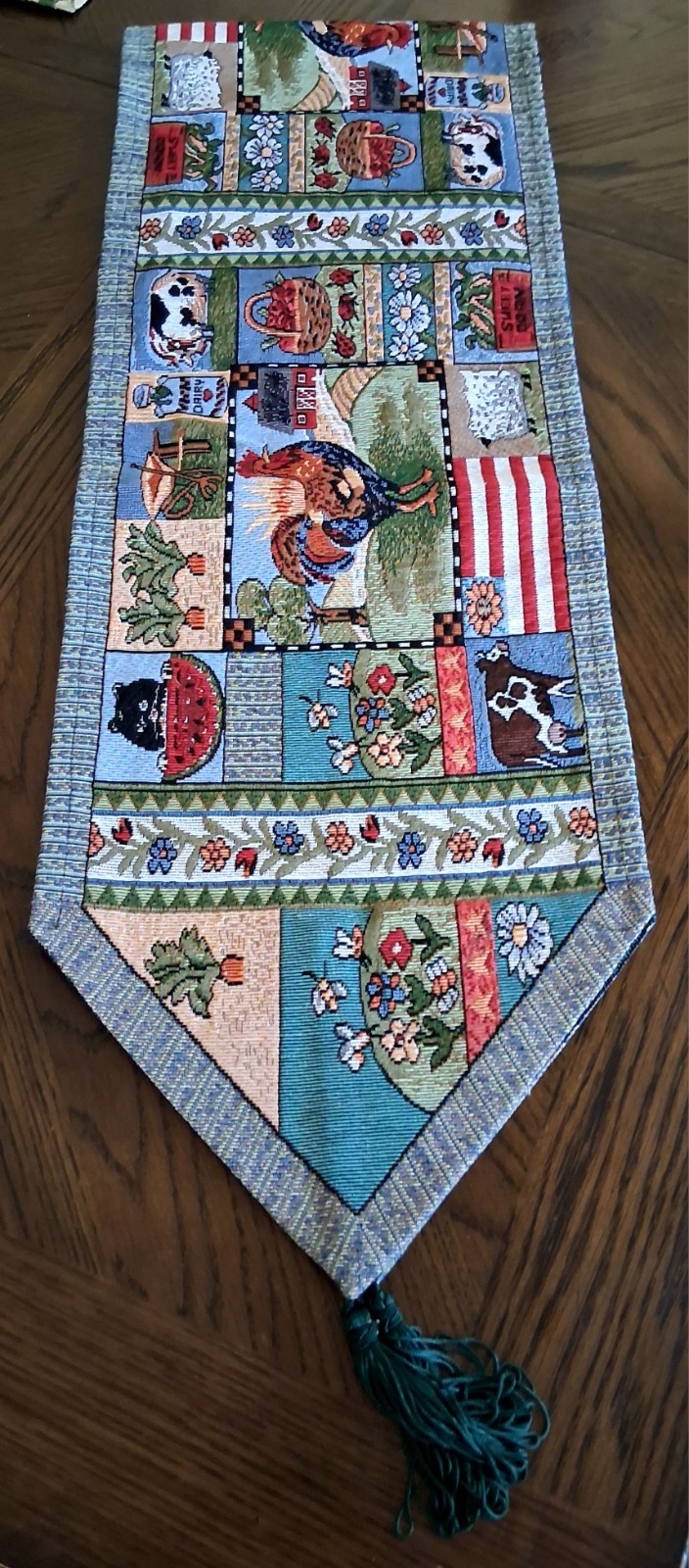 Harvest Tapestry Table Runner Farmhouse Rooster Cow Flowers Natco 12"x 70" gallery