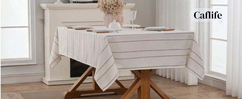 White Rectangle Tablecloth 55x70 Inch, Cotton Linen Polyester Blend Stripes gallery