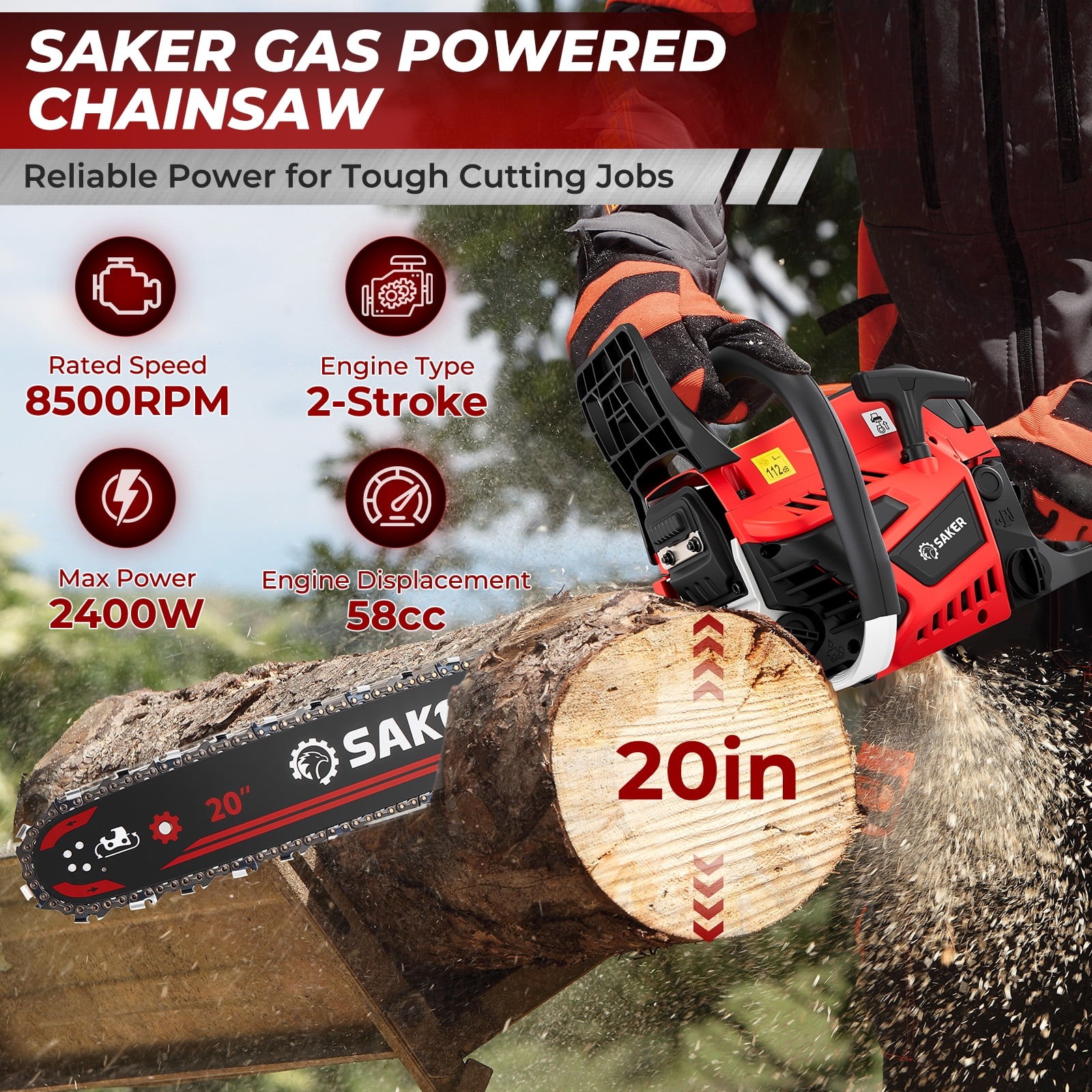Saker 58cc Gas Chainsaw, 3.2HP 2-Cycle Engine, 20-Inch Manganese Steel Bar, gallery