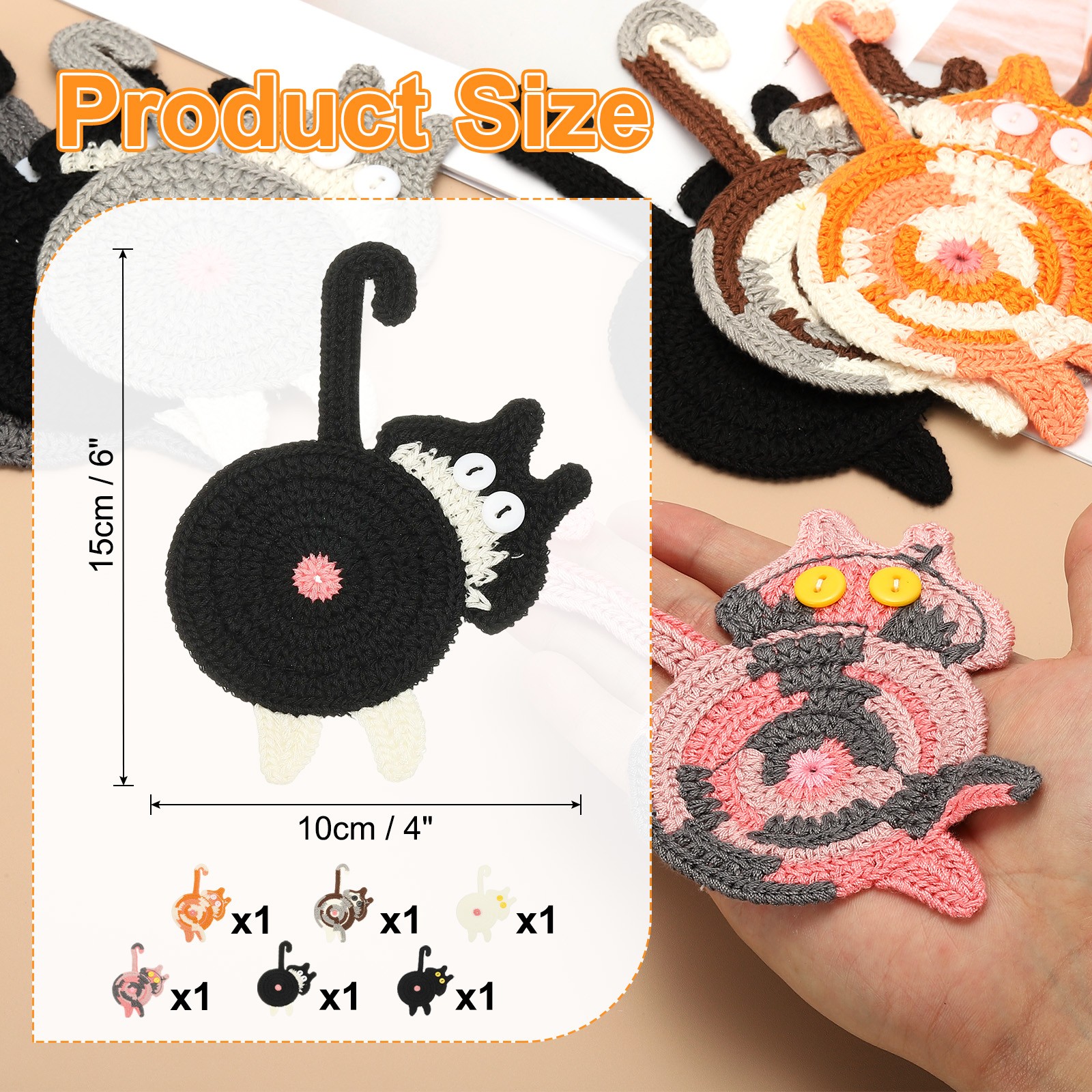 6PCS Cat Coasters, 15CM Cute Coasters Cat Butt Crochet, 6 Color gallery