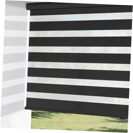 Cordless Zebra Blinds for Windows, Dual Layer Free-Stop 35"W x 72"H Black gallery