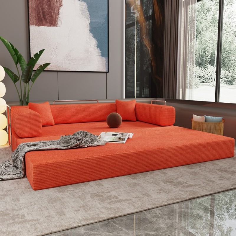 Sleeper Sofa Bed 2-Seater Convertible Couch Corduroy Foam Orange gallery