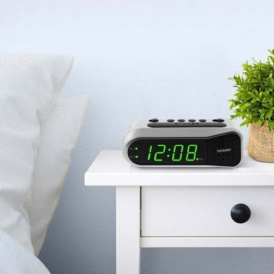 SHARP Digital Dual Alarm Clock, Silver with Green LED Display, Ascending Alarm gallery