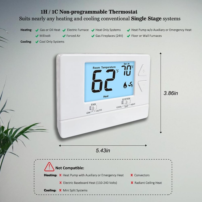 Thermostat NonProgrammable Digital 1 Heat/1 Cool Single-Stage Systems White gallery