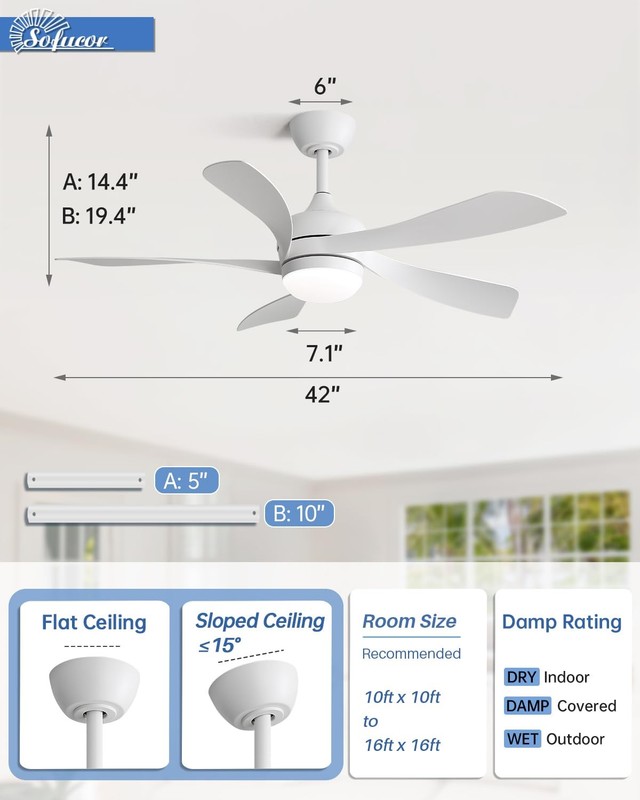 Sofucor 42 Inch Ceiling Fan with Lights and Remote, Indoor/Outdoor Ceiling Fa... gallery