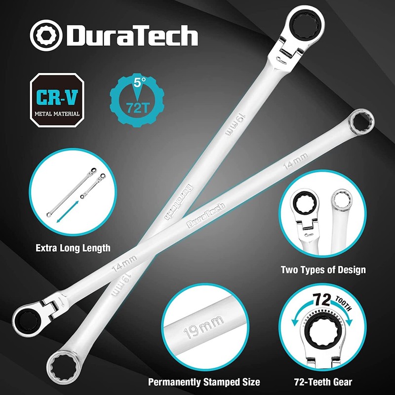 DURATECH 27PCS Extra Long Flex Head Ratcheting Wrench Set Double Box End 8-22mm gallery