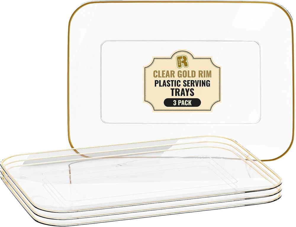 3 Pack Plastic Serving Trays for Party - Gold Serving Tray 8 x 11 Inch - Heavy