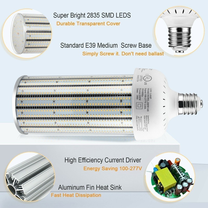 277~480V LED Corn Bulbs Light 200W E39 Mogul Base 6000K Replace 1000W MH HPS HID gallery