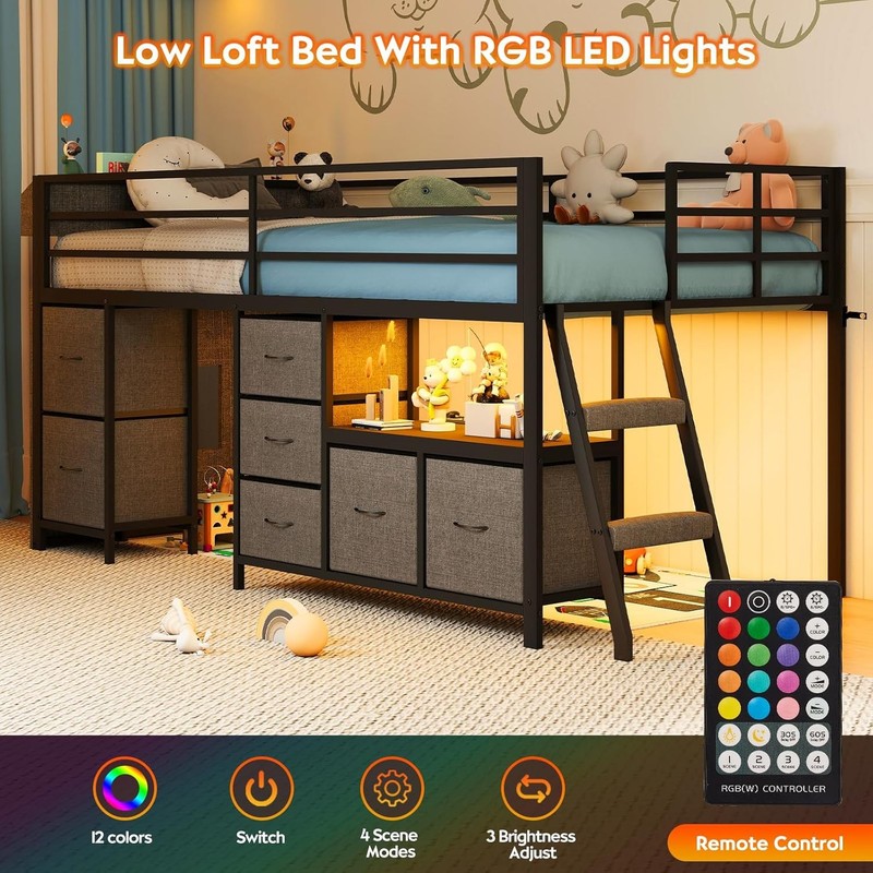 Twin Low Loft Bed with 7 Storage Drawers, Bookcase and LED Lights, Metal Kids gallery