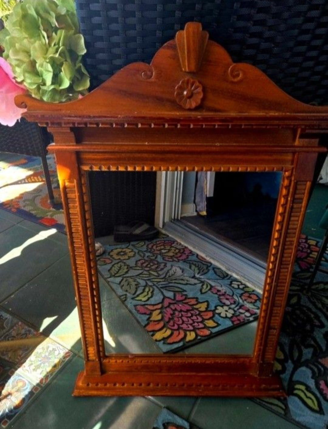Gothic Victorian Style Mirror Featuring Carved Details Floral Crest 29.5 "×17" gallery