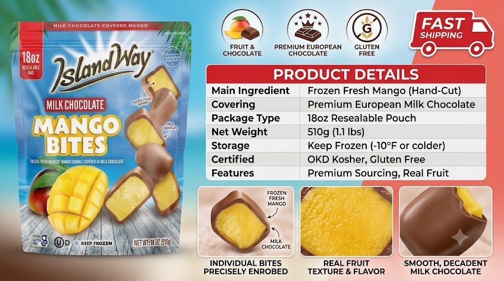 Island Way Milk Chocolate Covered Mango Bites 18oz Resealable Bag Frozen Premium gallery