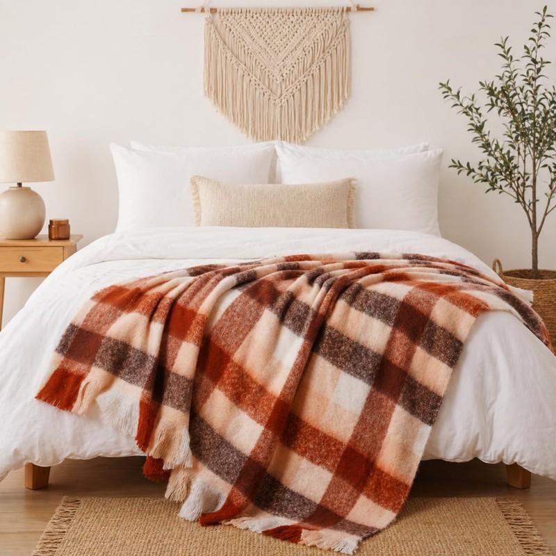 Rust Plaid Throw Blanket for Couch Bed, Soft Mohair Tartan Plaid Blanket, Far... gallery