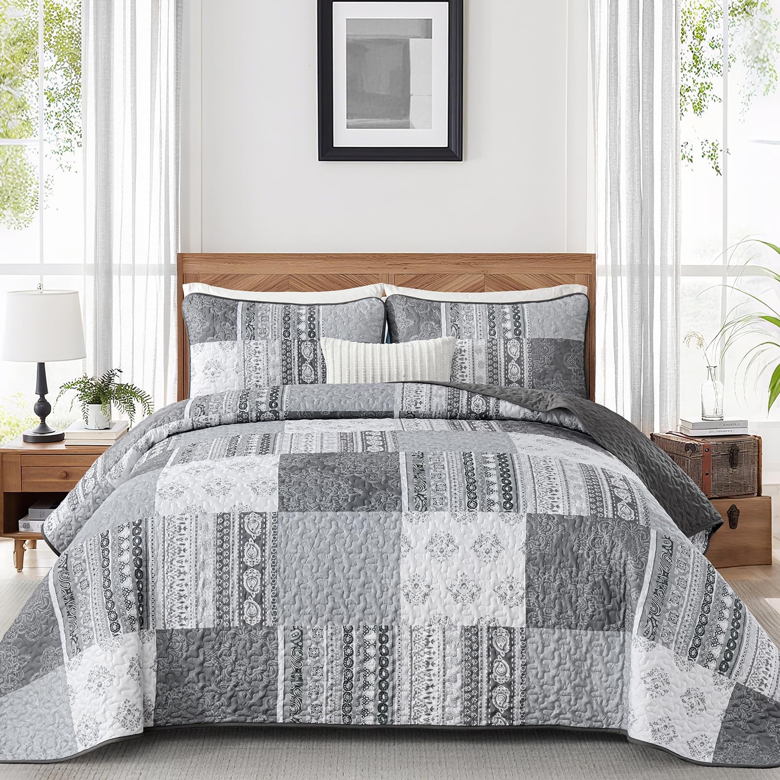 Grey Quilt Set Queen Size Boho Patchwork Bedspread Coverlet 3 Pieces, Bohemia... gallery