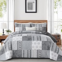 Grey Quilt Set Queen Size Boho Patchwork Bedspread Coverlet 3 Pieces, Bohemia…