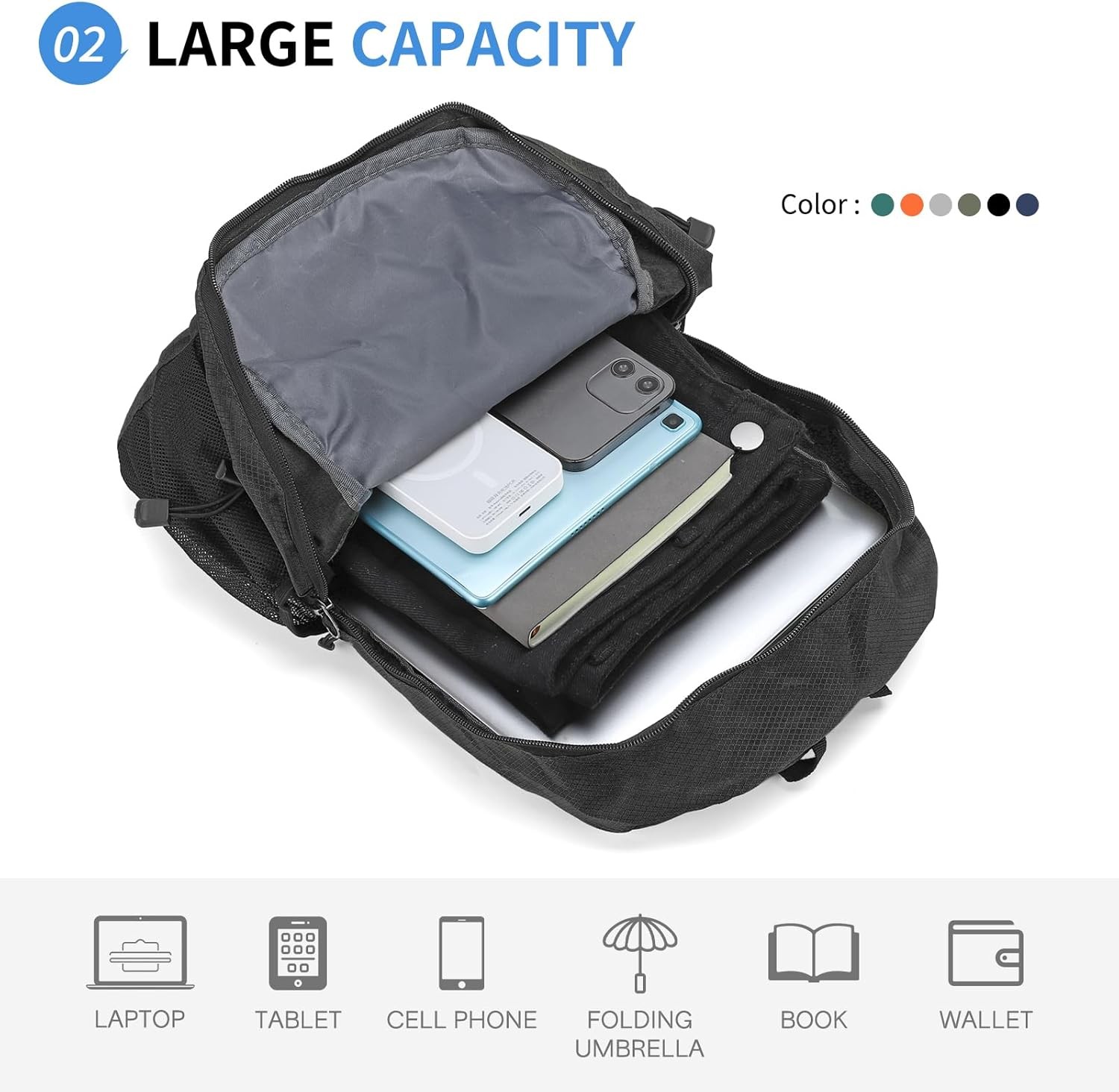 Hiking Daypack Packable, Camping Backpack Water Resistant Lightweight Polyester 3
