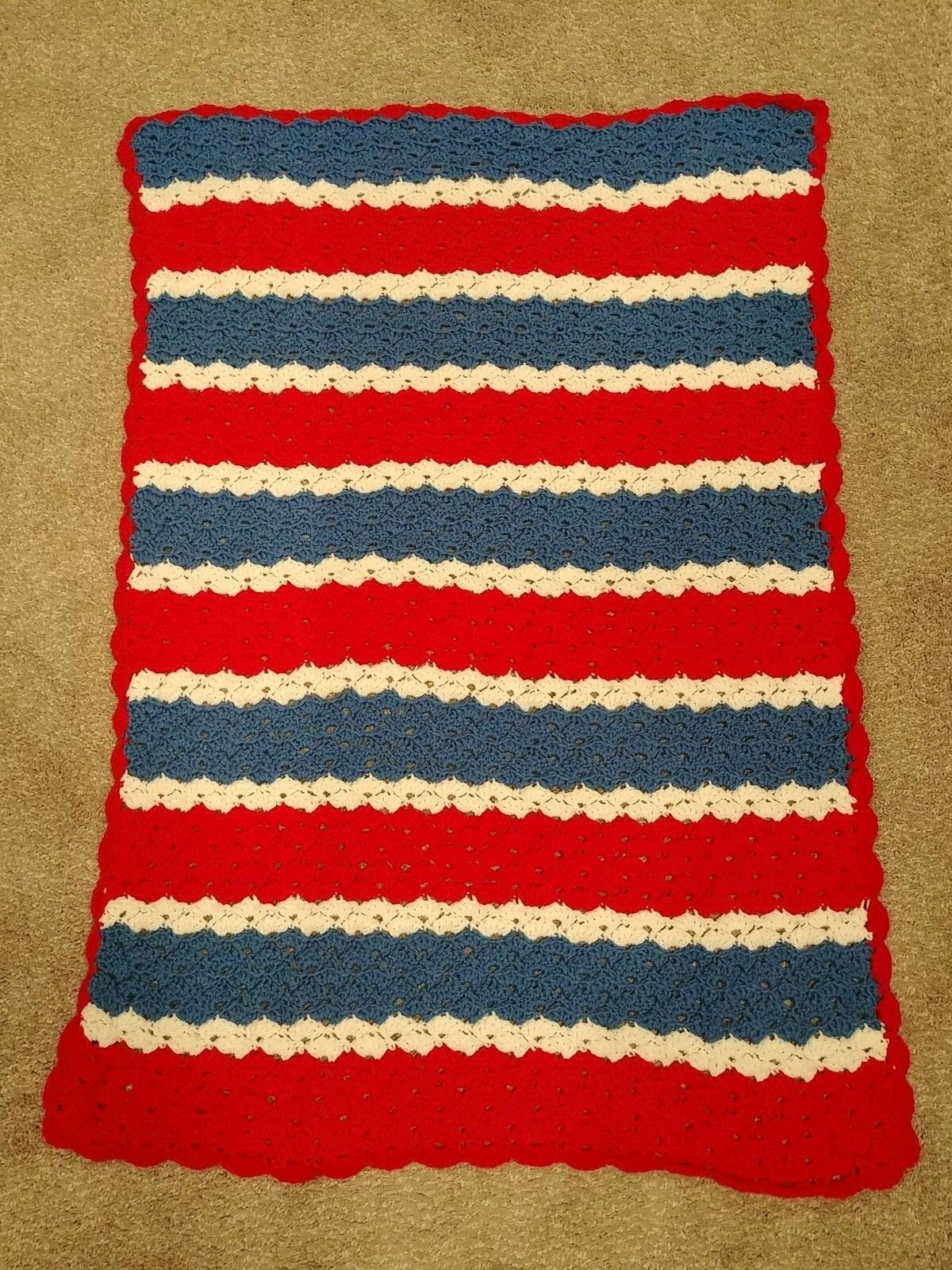 Handmade Crochet Afghan Throw Blanket Stripes 31" x 47" Red White Blue gallery