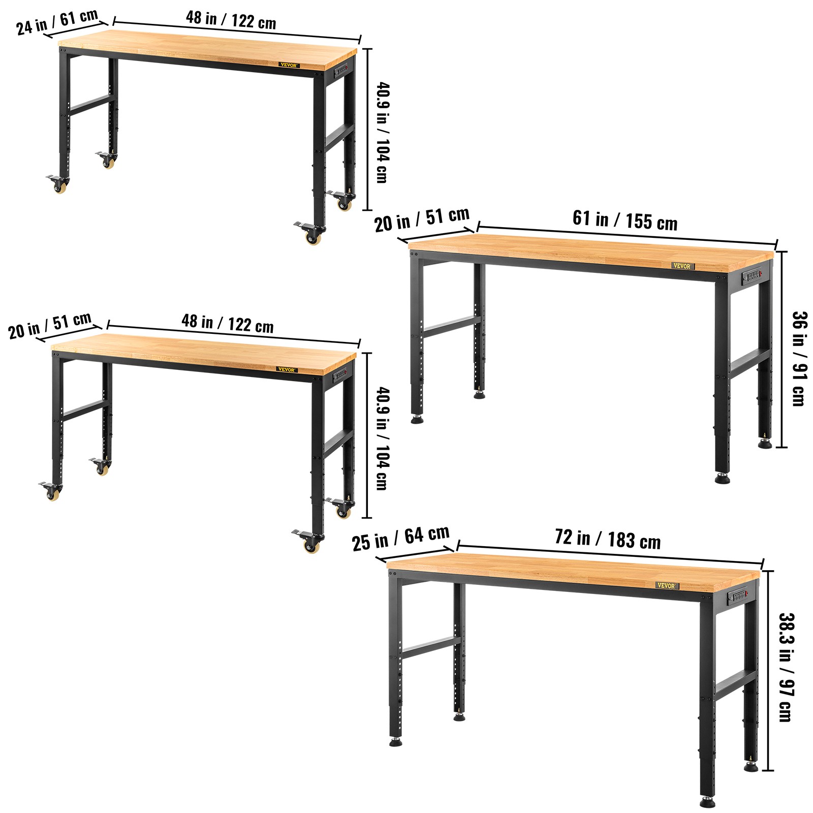 Adjustable Height Workbench Work Bench Table 48"/53"/61"/72" w/ Power Outlets gallery