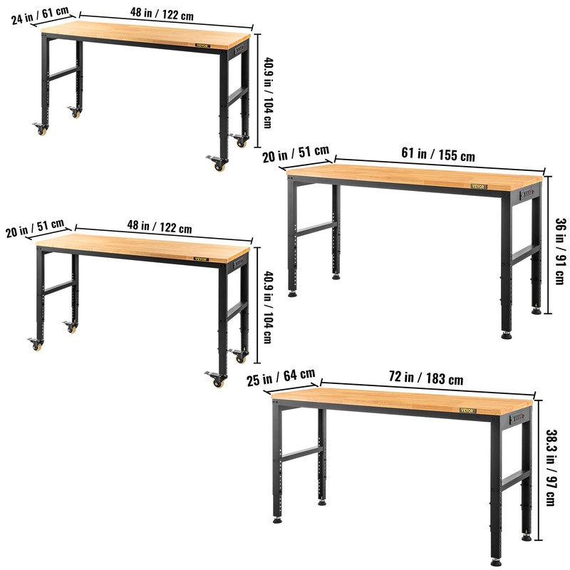 Adjustable Height Workbench Work Bench Table 48"/53"/61"/72" w/ Power Outlets gallery