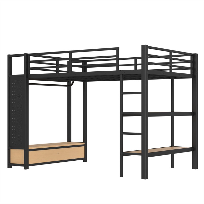 Full Size Loft Bed Frame w/Wardrobe,Metal Loft Bed with Storage Shelves Black gallery