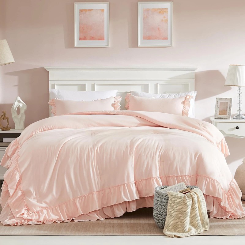 Blush Pink Comforter Set Queen, 3Pcs Comforters Queen Size Ruffle Farmhouse B... gallery