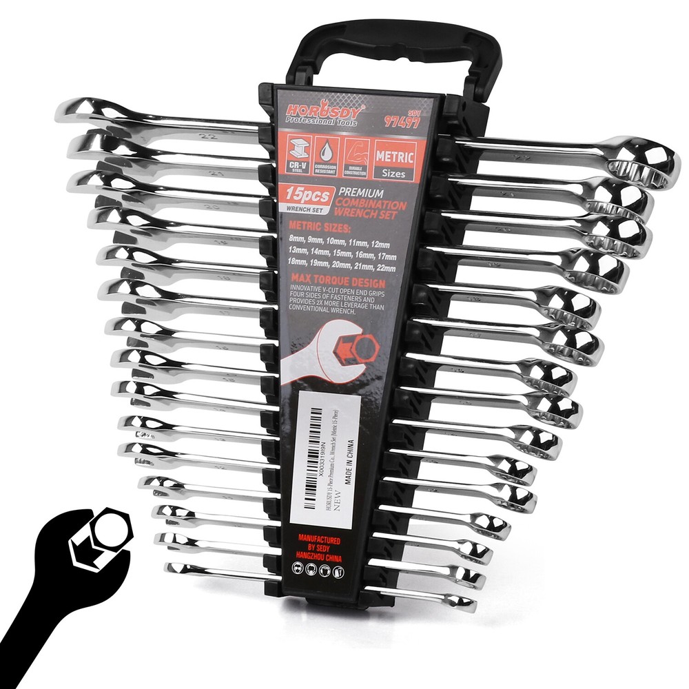 15PC Combination Spanner Wrench Ring Open Ended 8-22mm Metric 12 Point "V" Notch
