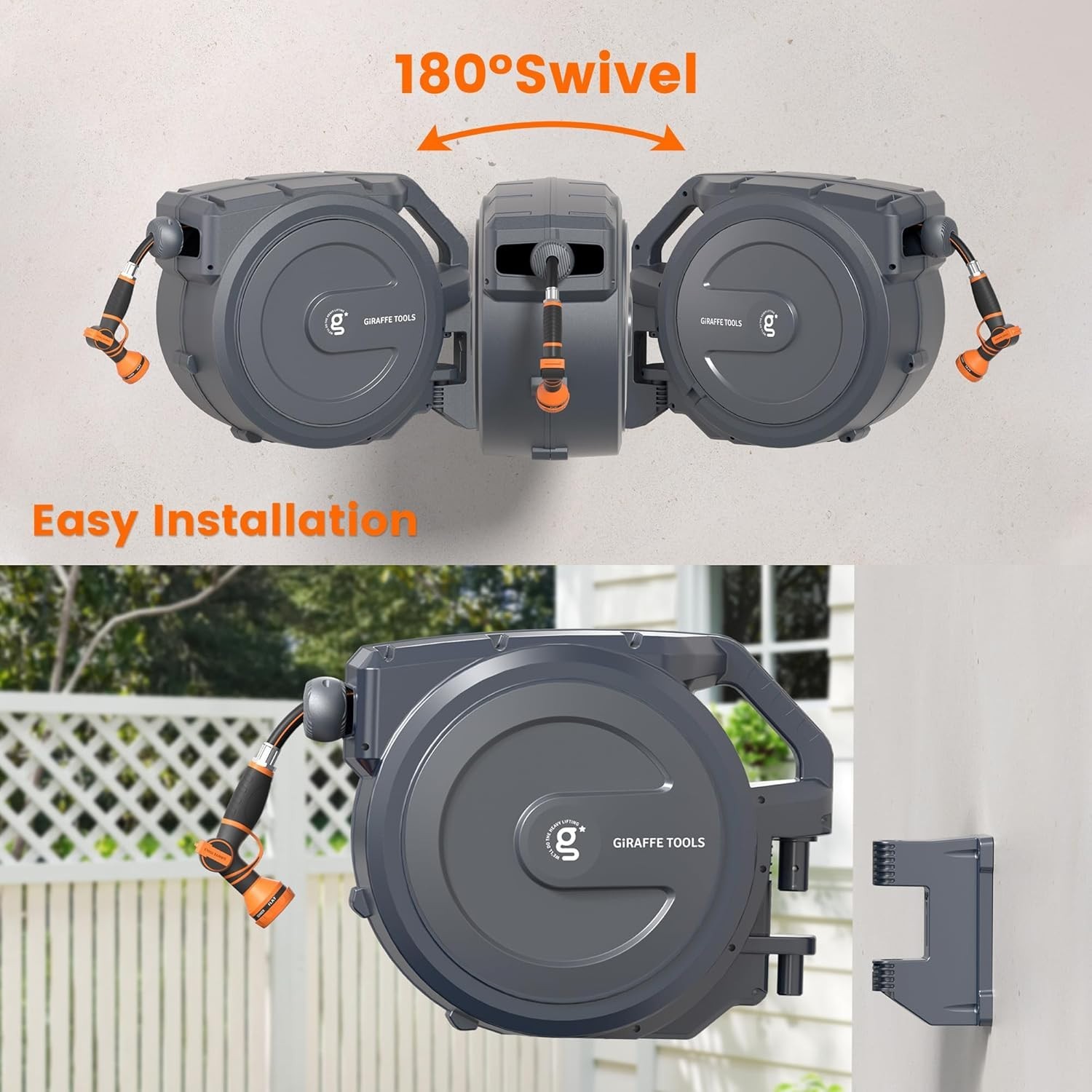 Giraffe Tools Retractable Garden Hose Reel 5/8in 60-115ft Water Hose Wall Mount gallery
